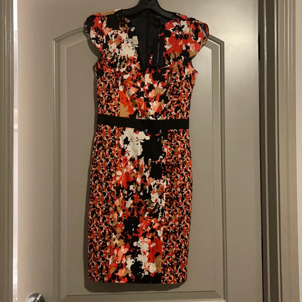 French connection orange floral bodycon midi dress